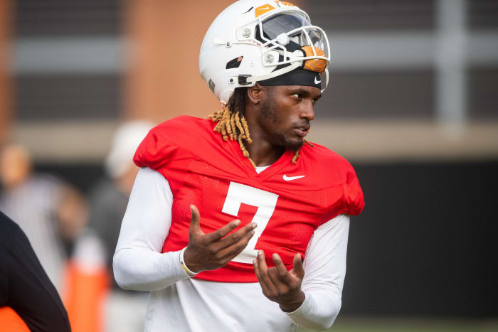 Tennessee QB Joe Milton III during fall camp in Knoxville, Tennessee, on August 7, 2023. (Photo by Brianna Paciorka of the News Sentinel)